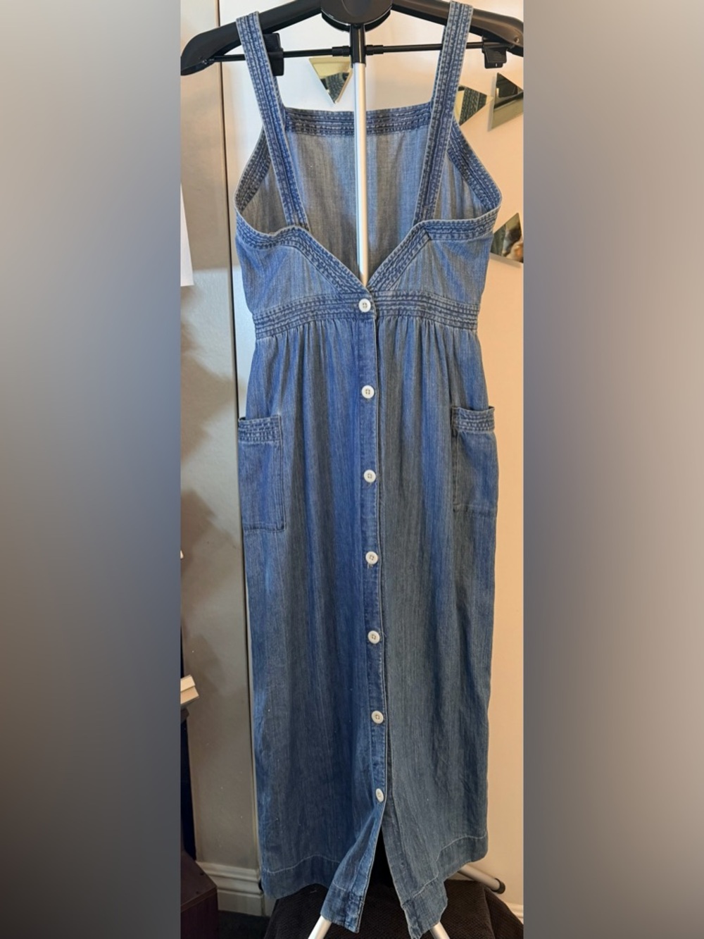Madewell Strappy Blue Denim Apron Cross-Back Button-Down Midi Dress Size 4T - Picture 2 of 13